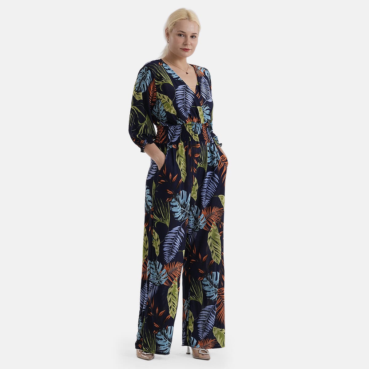 La Marey Blue Smocked Waist Jumpsuit with 3/4 Length Sleeve - One Size Missy image number 4