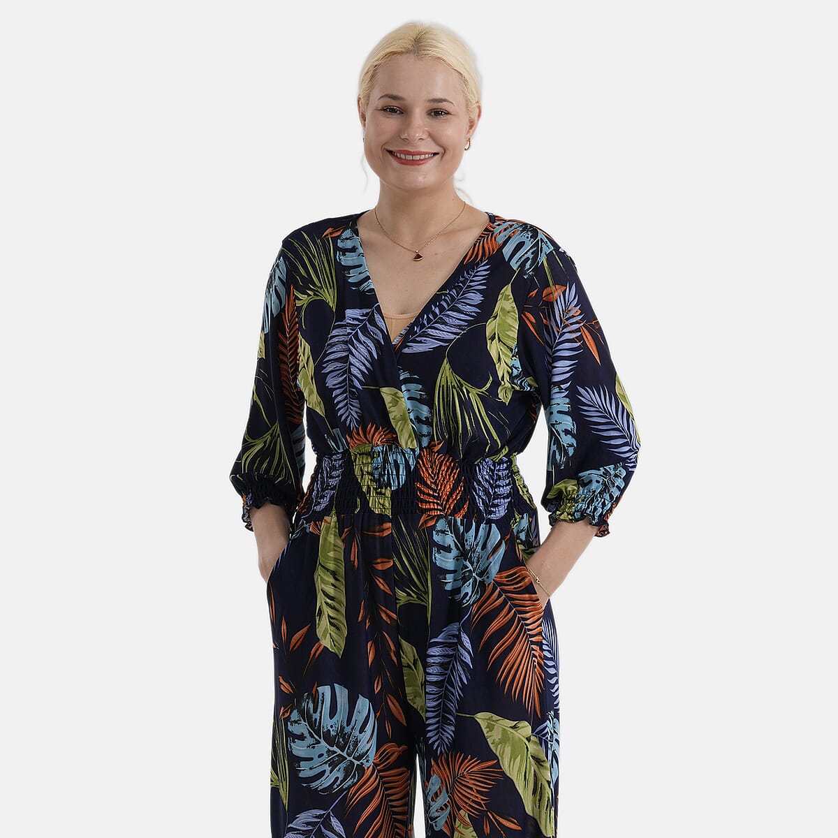 La Marey Blue Smocked Waist Jumpsuit with 3/4 Length Sleeve - One Size Missy image number 5