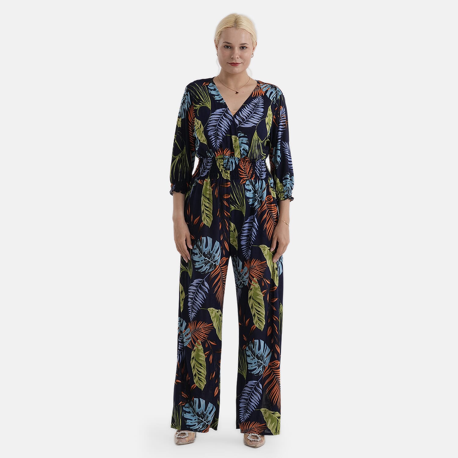 La Marey Blue Smocked Waist Jumpsuit with 3/4 Length Sleeve - One Size Plus