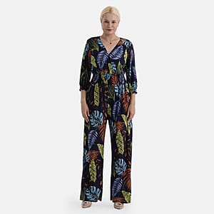 La Marey Blue Smocked Waist Jumpsuit with 3/4 Length Sleeve - One Size Plus