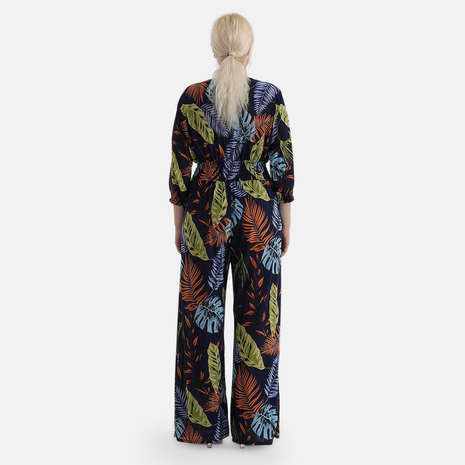 La Marey Blue Smocked Waist Jumpsuit with 3/4 Length Sleeve - One Size Plus