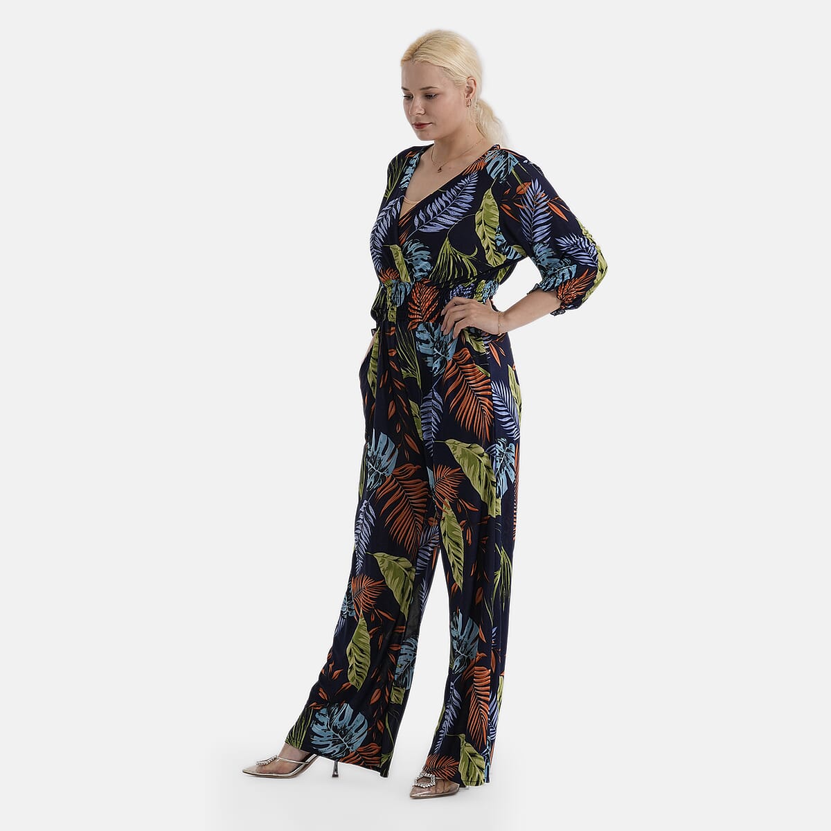 La Marey Blue Smocked Waist Jumpsuit with 3/4 Length Sleeve - One Size Plus image number 3