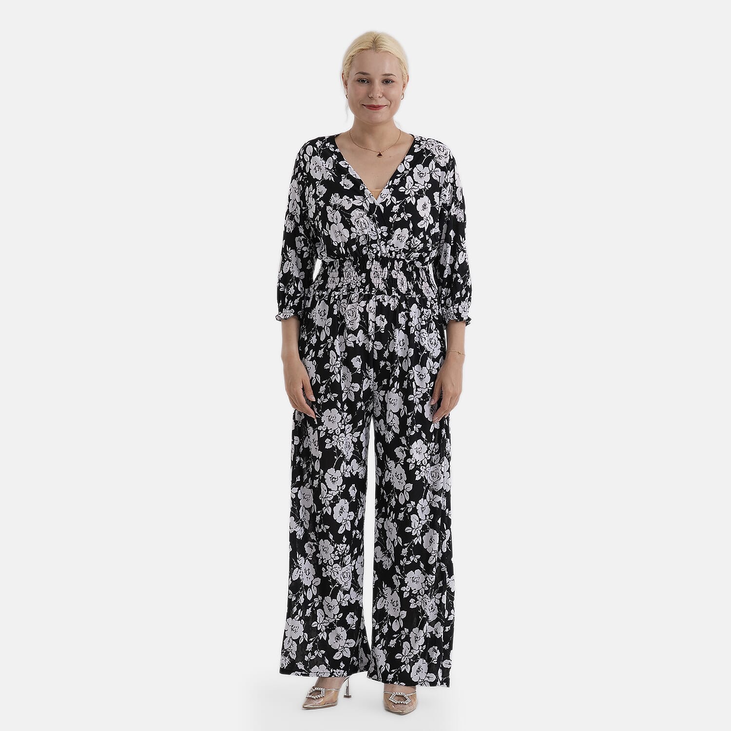 La Marey Black Smocked Waist Jumpsuit with 3/4 Length Sleeve - One Size Plus