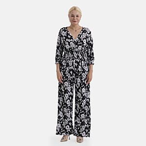 La Marey Black Smocked Waist Jumpsuit with 3/4 Length Sleeve - One Size Plus