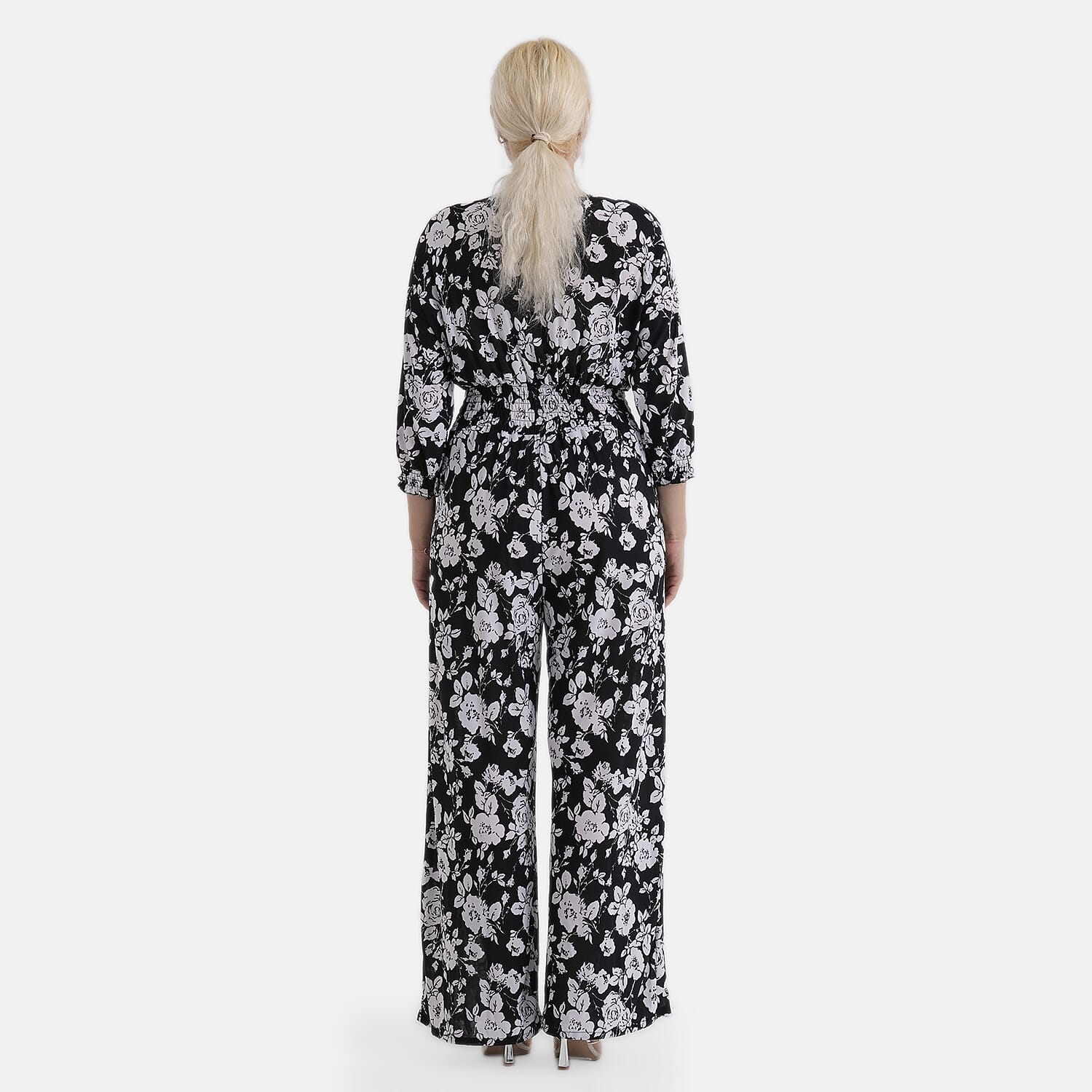 La Marey Black Smocked Waist Jumpsuit with 3/4 Length Sleeve - One Size Plus