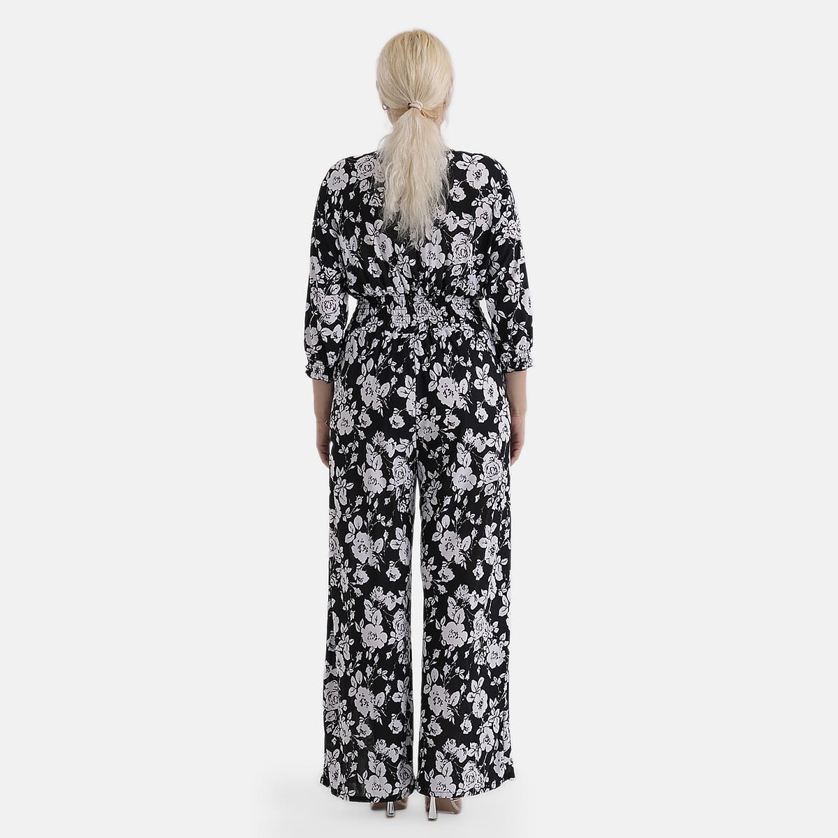 La Marey Black Smocked Waist Jumpsuit with 3/4 Length Sleeve - One Size Plus image number 2