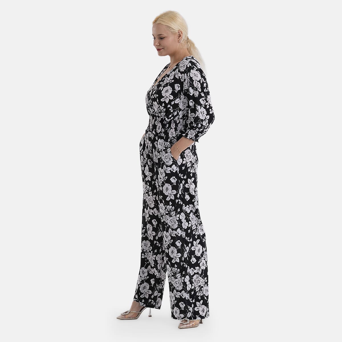 La Marey Black Smocked Waist Jumpsuit with 3/4 Length Sleeve - One Size Plus image number 3
