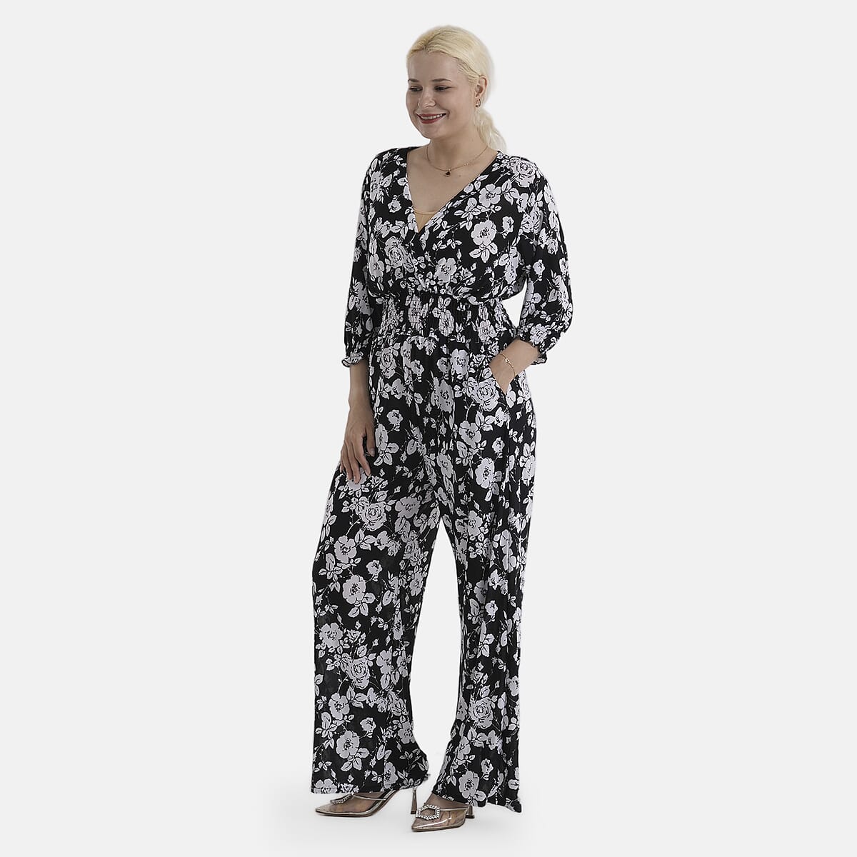 La Marey Black Smocked Waist Jumpsuit with 3/4 Length Sleeve - One Size Missy image number 4