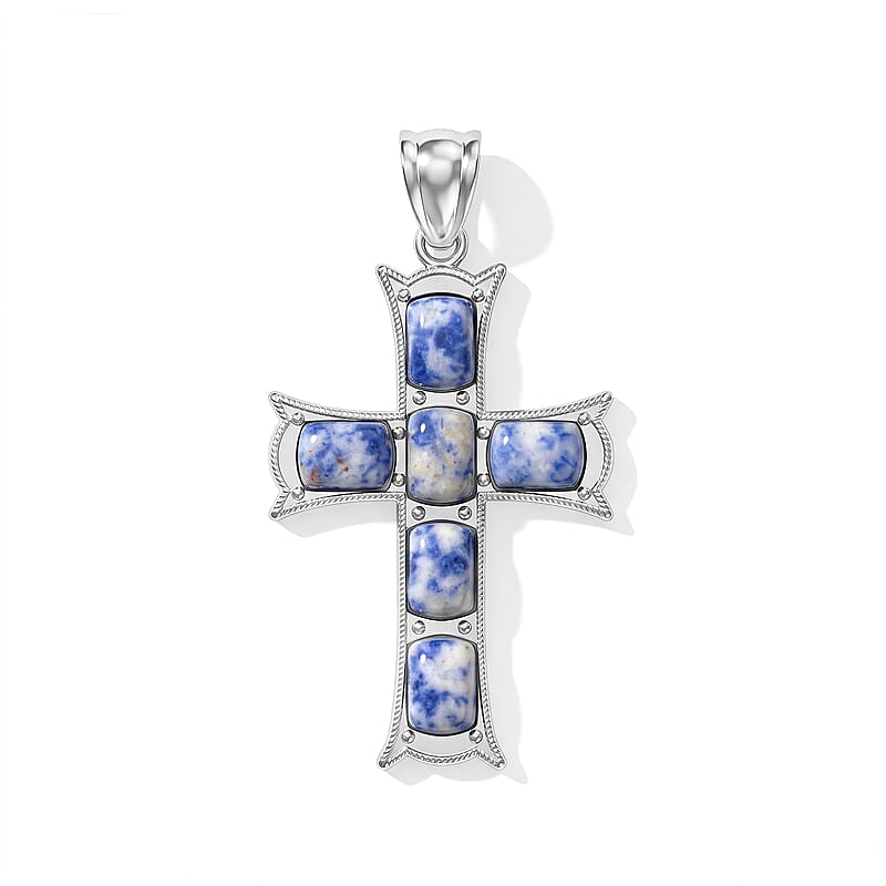 Sodalite 15.00 ctw Cross Pendant without Chain in Silvertone