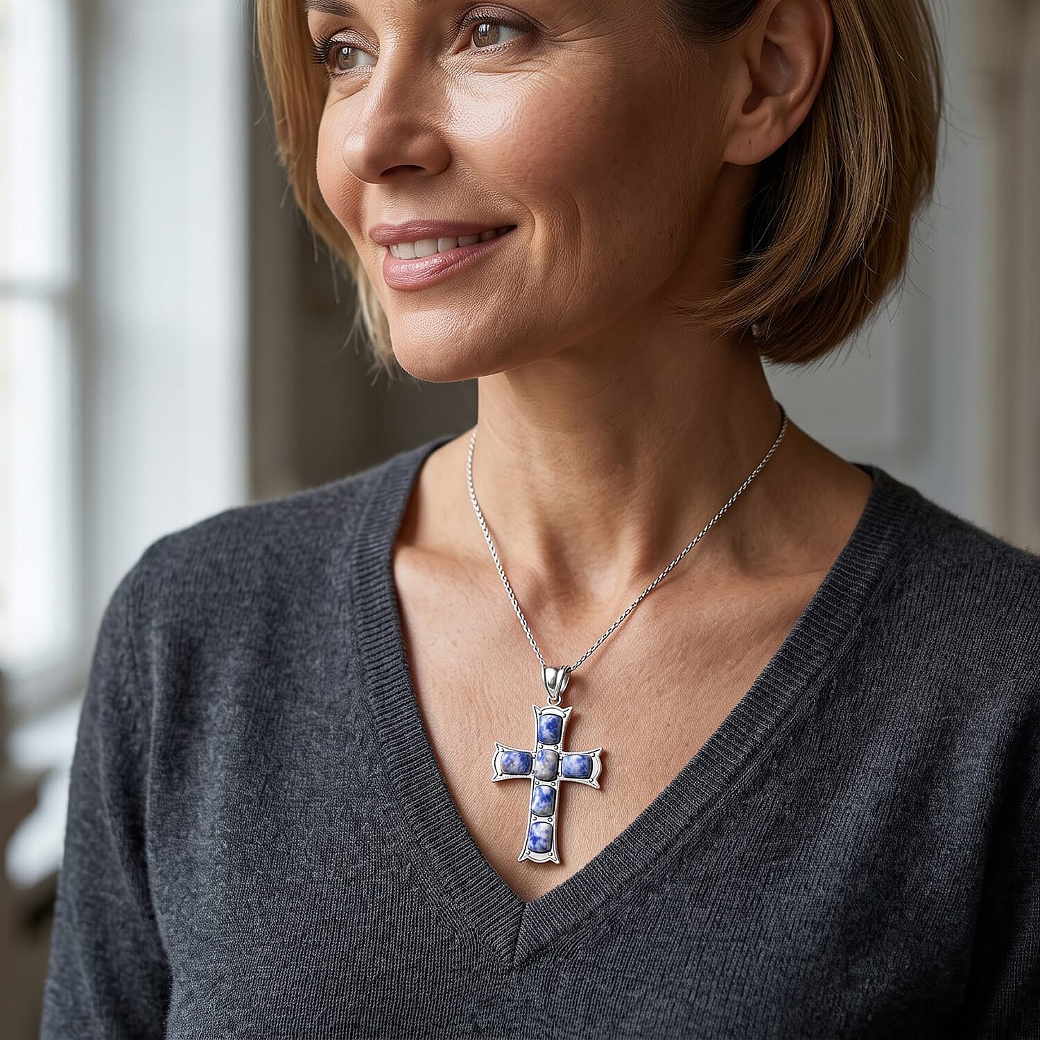 Sodalite 15.00 ctw Cross Pendant without Chain in Silvertone