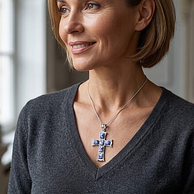 Sodalite 15.00 ctw Cross Pendant without Chain in Silvertone