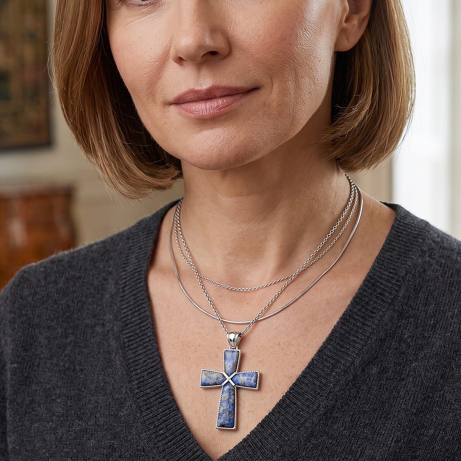 Sodalite 17.00 ctw Cross Pendant without Chain in Silvertone