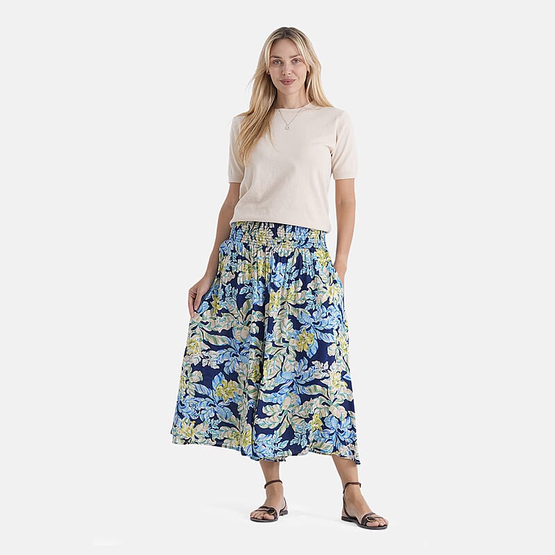 La Marey Black with Blue Floral Print Wide Leg Culotte Pants- One Size Fits Most