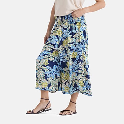La Marey Black with Blue Floral Print Wide Leg Culotte Pants- One Size Fits Most