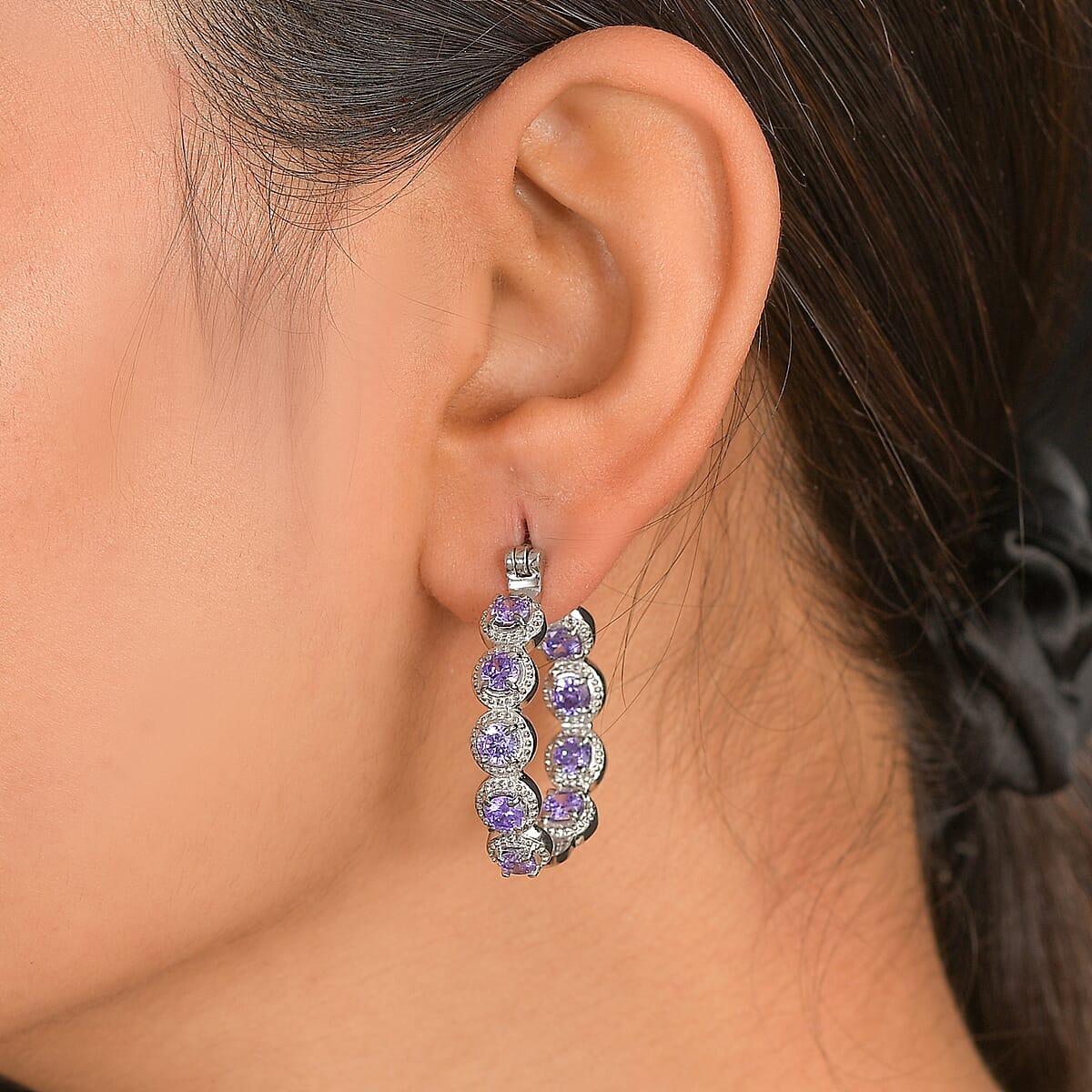 EverTrue Simulated Purple Diamond Earrings in Stainless Steel image number 2