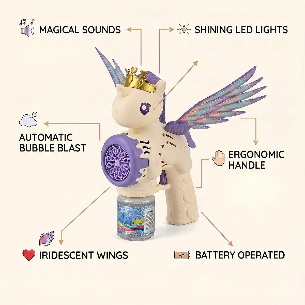White Big Flying Horse Bubble Blaster (Includes 90ml Bubble Fluid) image number 2