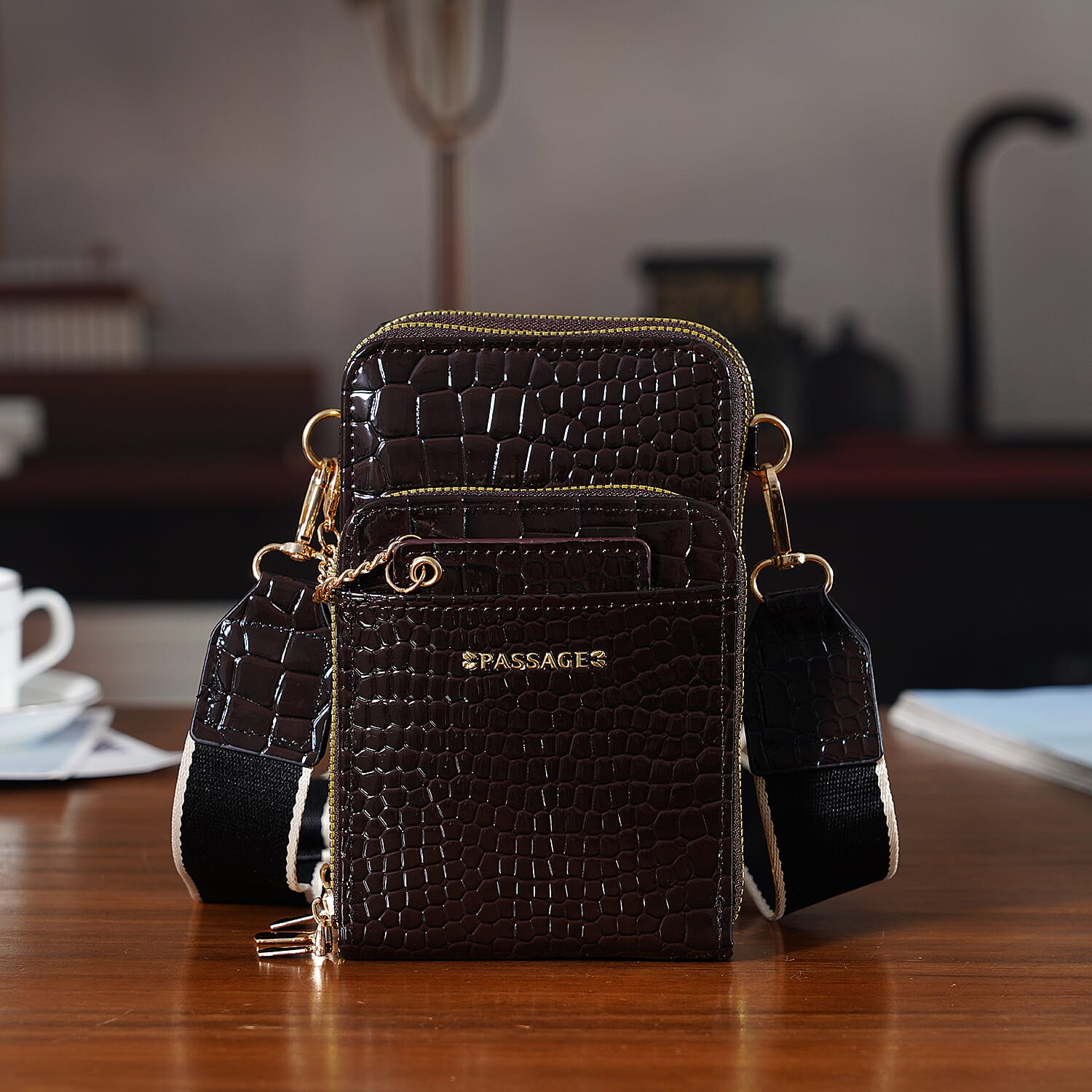 Passage Black Crocodile Embossed Faux Leather Crossbody Bag with Shoulder Strap 47 Inches