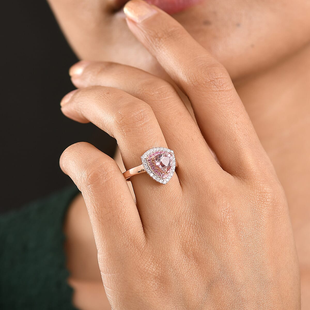 D'Joy Premium Pink Morganite and Multi Gemstone 1.65 ctw Neo Gothic Architecture Ring in 18K Vermeil Rose Gold Over Sterling Silver (Size 6.0) (Del. In 8-10 Days) image number 2