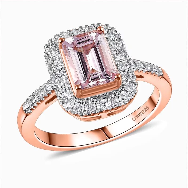D'Joy Premium Pink Morganite and Moissanite 2.00 ctw Blush Halo Ring in 18K Vermeil Rose Gold Over Sterling Silver (Size 10.0)