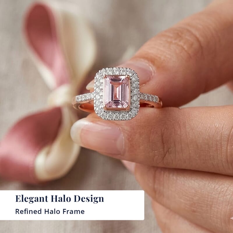 D'Joy Premium Pink Morganite and Moissanite 2.00 ctw Blush Halo Ring in 18K Vermeil Rose Gold Over Sterling Silver (Size 10.0)