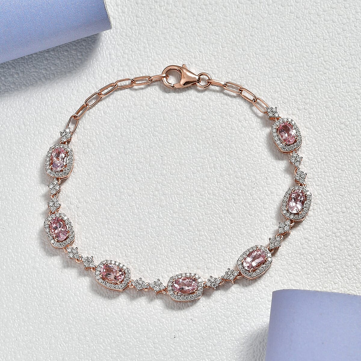D'Joy Premium Pink Morganite and Moissanite 4.50 ctw Promise Petal Bracelet in 18K Vermeil Rose Gold Over Sterling Silver (7.25 In) image number 1
