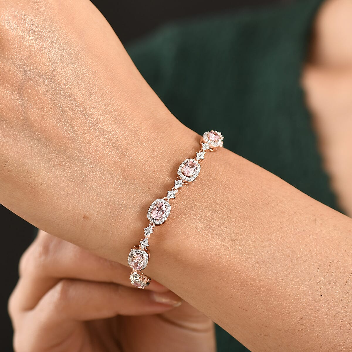 D'Joy Premium Pink Morganite and Moissanite 4.50 ctw Promise Petal Bracelet in 18K Vermeil Rose Gold Over Sterling Silver (7.25 In) image number 2