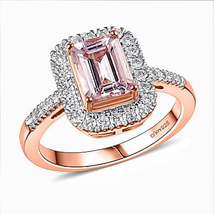 D'Joy Premium Pink Morganite and Moissanite 2.00 ctw Blush Halo Ring in 18K Vermeil Rose Gold Over Sterling Silver (Size 7.0)