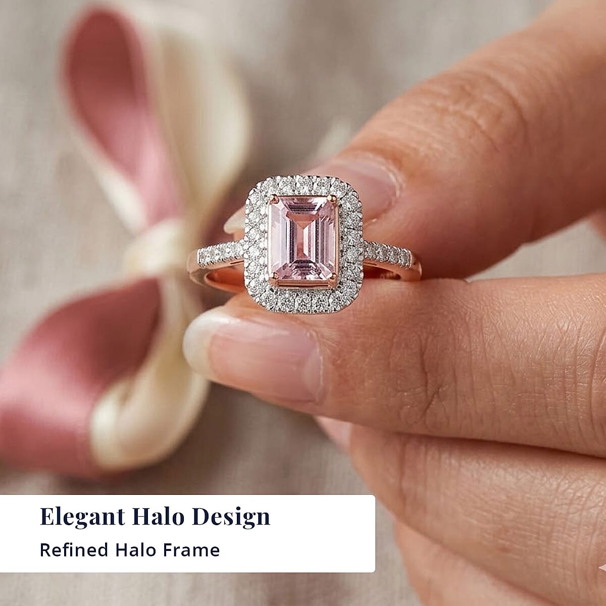 D'Joy Premium Pink Morganite and Moissanite 2.00 ctw Blush Halo Ring in 18K Vermeil Rose Gold Over Sterling Silver (Size 7.0) image number 4