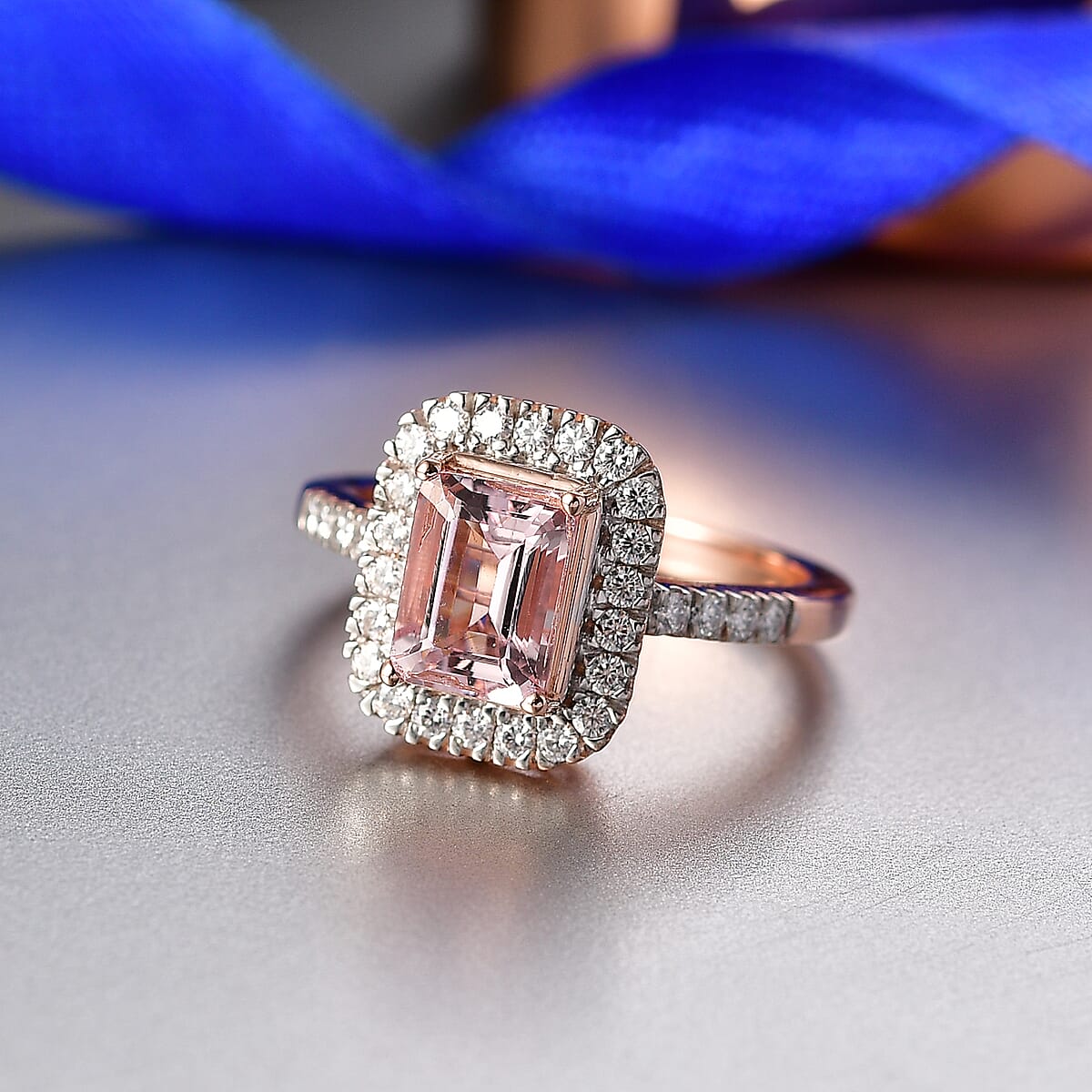 D'Joy Premium Pink Morganite and Moissanite 2.00 ctw Blush Halo Ring in 18K Vermeil Rose Gold Over Sterling Silver (Size 9.0) image number 1