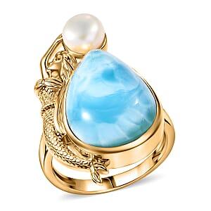D'Joy Premium Larimar and Freshwater Pearl 12.75 ctw Tidal Mermaid Ring in 18K Vermeil Yellow Gold Over Sterling Silver (Size 10.0)