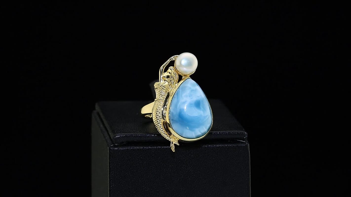 D'Joy Premium Larimar and Freshwater Pearl 14.50 ctw Ring in 18K Vermeil Yellow Gold Over Sterling Silver