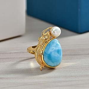 D'Joy Premium Larimar and Freshwater Pearl 12.75 ctw Tidal Mermaid Ring in 18K Vermeil Yellow Gold Over Sterling Silver (Size 10.0)