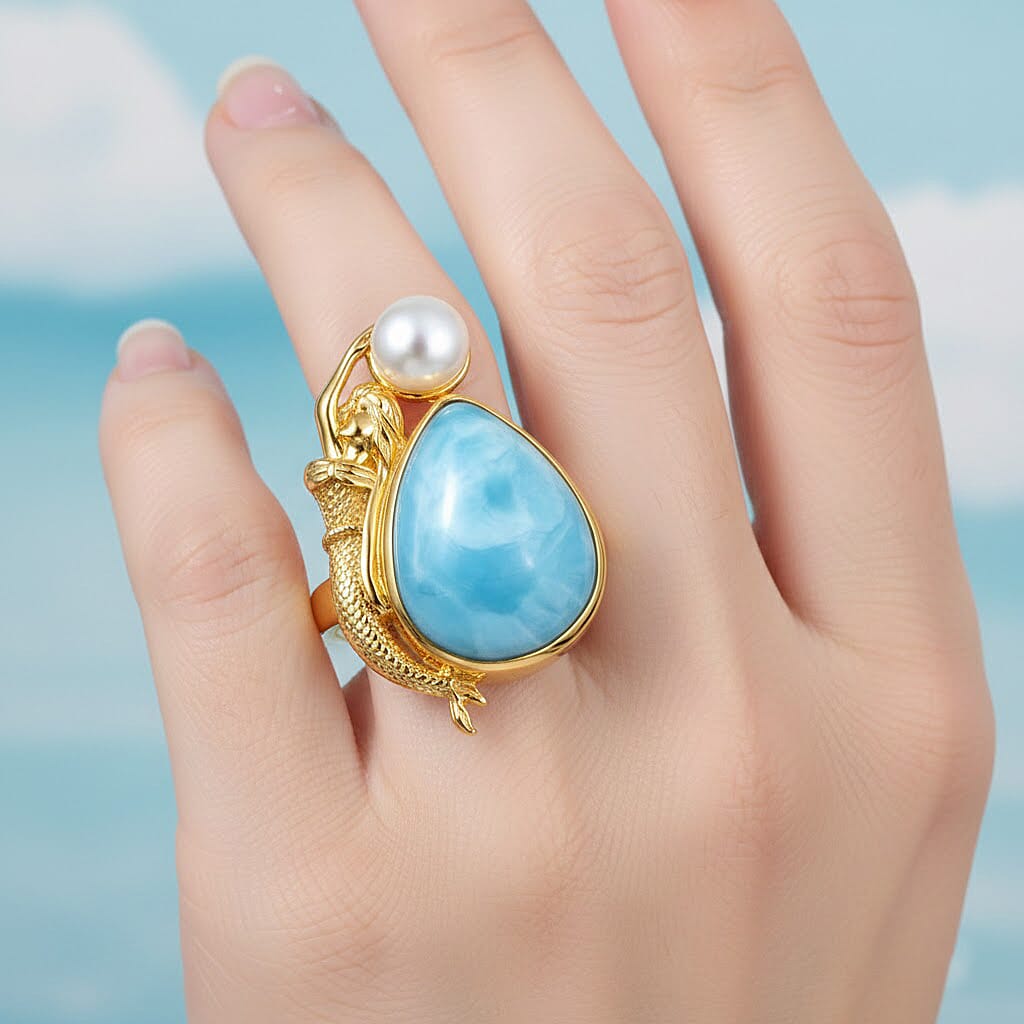 D'Joy Premium Larimar and Freshwater Pearl 12.75 ctw Tidal Mermaid Ring in 18K Vermeil Yellow Gold Over Sterling Silver (Size 10.0)