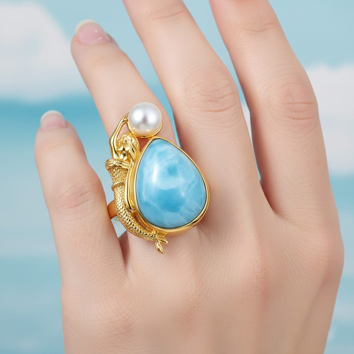 D'Joy Premium Larimar and Freshwater Pearl 12.75 ctw Tidal Mermaid Ring in 18K Vermeil Yellow Gold Over Sterling Silver (Size 10.0) image number 2