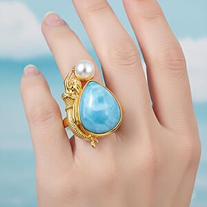 D'Joy Premium Larimar and Freshwater Pearl 12.75 ctw Tidal Mermaid Ring in 18K Vermeil Yellow Gold Over Sterling Silver (Size 10.0)