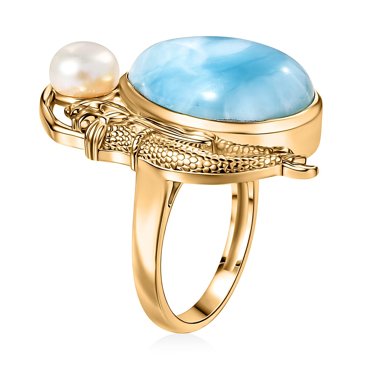 D'Joy Premium Larimar and Freshwater Pearl 12.75 ctw Tidal Mermaid Ring in 18K Vermeil Yellow Gold Over Sterling Silver (Size 10.0) image number 3