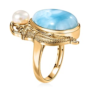 D'Joy Premium Larimar and Freshwater Pearl 12.75 ctw Tidal Mermaid Ring in 18K Vermeil Yellow Gold Over Sterling Silver (Size 10.0)