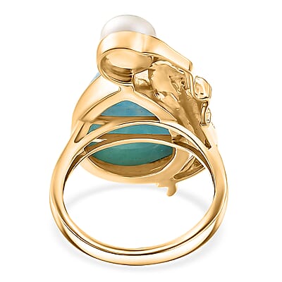 D'Joy Premium Larimar and Freshwater Pearl 12.75 ctw Tidal Mermaid Ring in 18K Vermeil Yellow Gold Over Sterling Silver (Size 10.0)