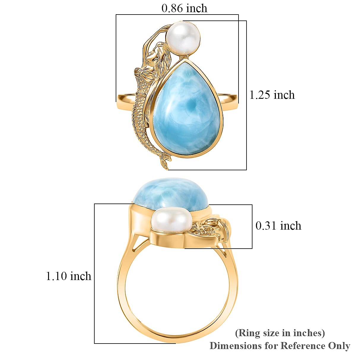 D'Joy Premium Larimar and Freshwater Pearl 12.75 ctw Tidal Mermaid Ring in 18K Vermeil Yellow Gold Over Sterling Silver (Size 10.0)