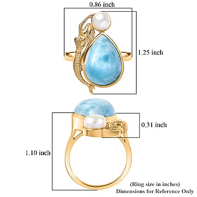 D'Joy Premium Larimar and Freshwater Pearl 12.75 ctw Tidal Mermaid Ring in 18K Vermeil Yellow Gold Over Sterling Silver (Size 10.0)