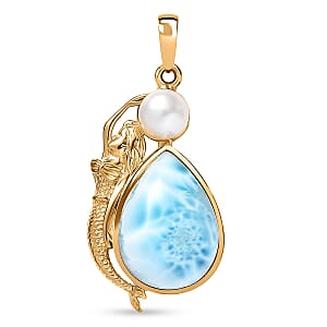 D'Joy Premium Larimar and Freshwater Pearl 12.75 ctw Tidal Mermaid Pendant Without Chain in 18K Vermeil Yellow Gold Over Sterling Silver