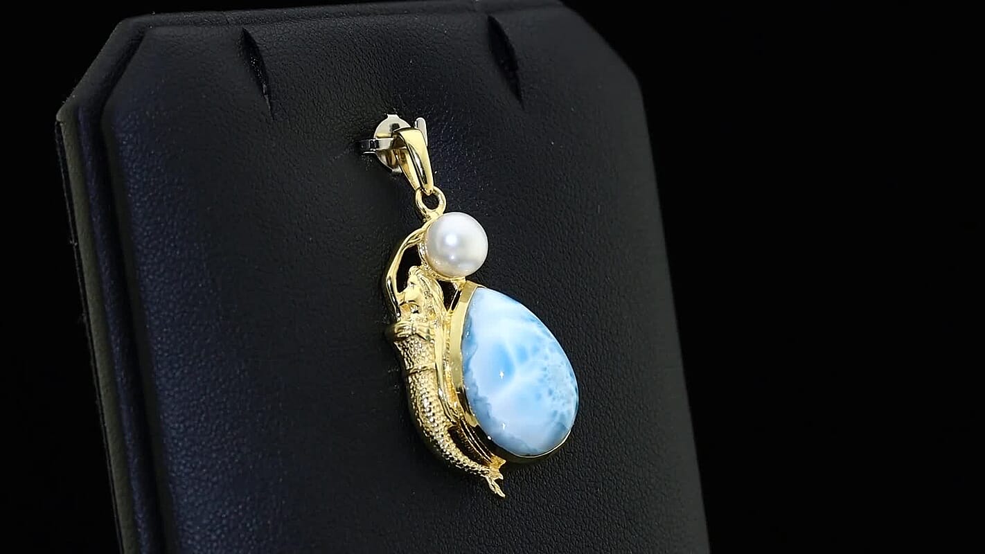 D'Joy Premium Larimar and Freshwater Pearl 12.75 ctw Tidal Mermaid Pendant Without Chain in 18K Vermeil Yellow Gold Over Sterling Silver