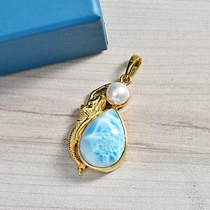 D'Joy Premium Larimar and Freshwater Pearl 12.75 ctw Tidal Mermaid Pendant Without Chain in 18K Vermeil Yellow Gold Over Sterling Silver