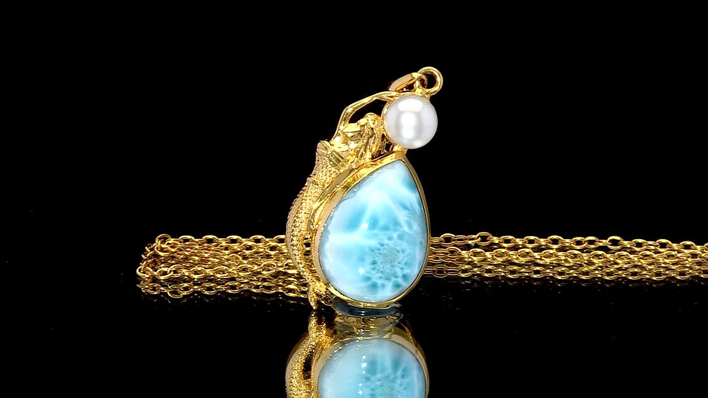 D'Joy Premium Larimar and Freshwater Pearl 12.75 ctw Tidal Mermaid Pendant Without Chain in 18K Vermeil Yellow Gold Over Sterling Silver