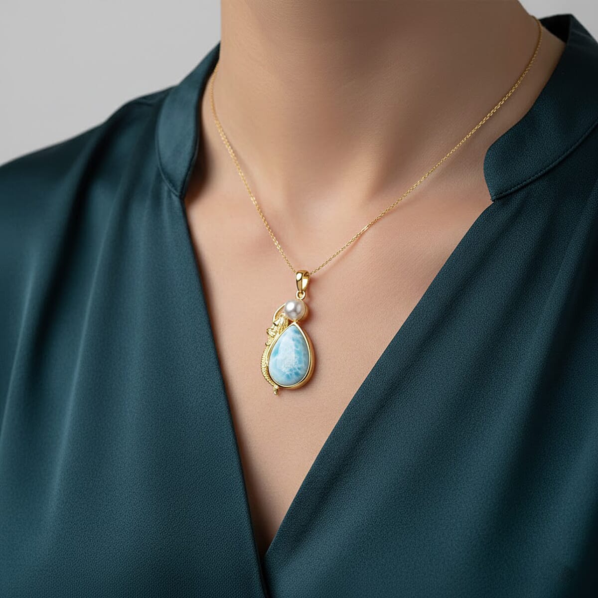 D'Joy Premium Larimar and Freshwater Pearl 12.75 ctw Tidal Mermaid Pendant Without Chain in 18K Vermeil Yellow Gold Over Sterling Silver image number 2