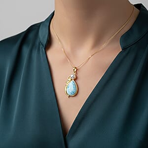 D'Joy Premium Larimar and Freshwater Pearl 12.75 ctw Tidal Mermaid Pendant Without Chain in 18K Vermeil Yellow Gold Over Sterling Silver