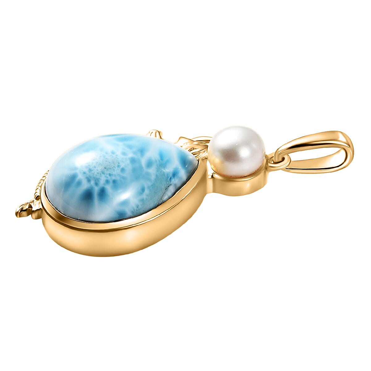 D'Joy Premium Larimar and Freshwater Pearl 12.75 ctw Tidal Mermaid Pendant Without Chain in 18K Vermeil Yellow Gold Over Sterling Silver image number 3