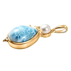 D'Joy Premium Larimar and Freshwater Pearl 12.75 ctw Tidal Mermaid Pendant Without Chain in 18K Vermeil Yellow Gold Over Sterling Silver