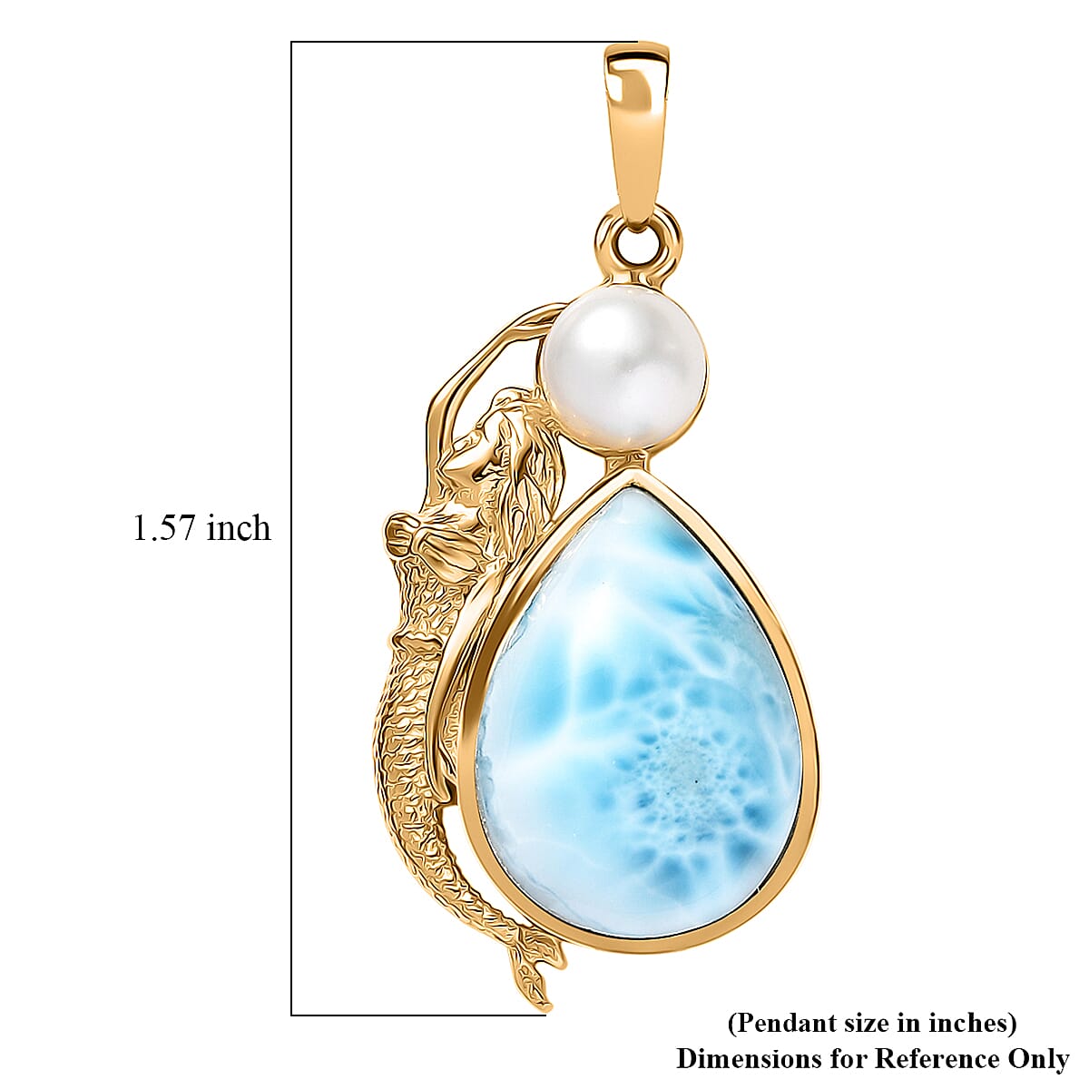 D'Joy Premium Larimar and Freshwater Pearl 12.75 ctw Tidal Mermaid Pendant Without Chain in 18K Vermeil Yellow Gold Over Sterling Silver