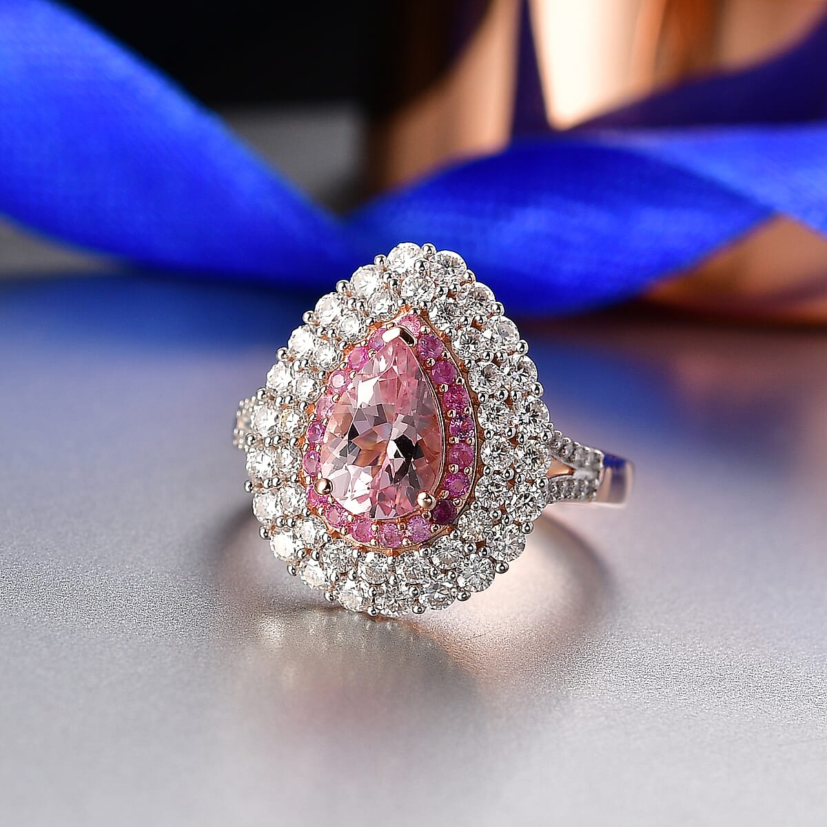 D'Joy Premium Pink Morganite and Multi Gemstone 2.75 ctw Blush Teardrop Ring in 18K Vermeil Rose Gold Over Sterling Silver (Size 10.0) image number 1